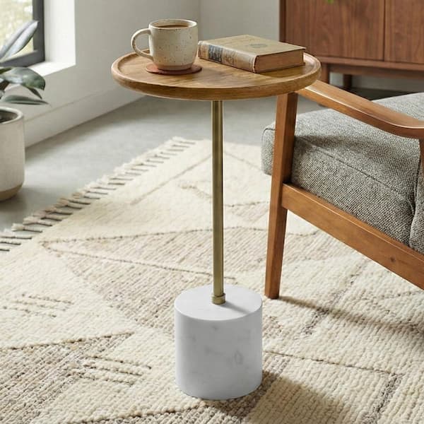 Turner 12 in. Wide Round Solid Mango Wood/Iron/Genuine Marble Side Table in Natural/Brass/White