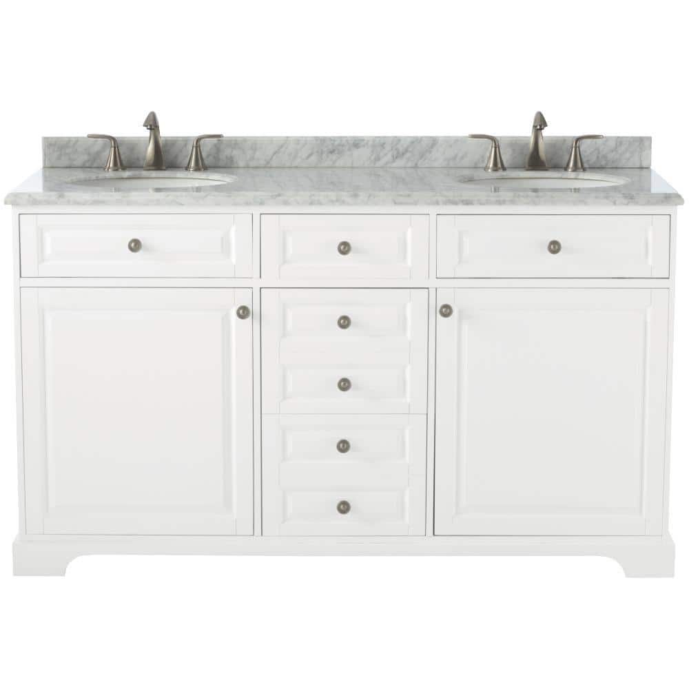 Home Decorators Collection Highclere 60 In W X 22 In D Double Bath Vanity In White With Natural Marble Vanity Top In Carrera White 9554200410 The Home Depot