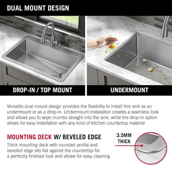 30 x 22 Multifunctional Drop-In Kitchen Stainless Steel Sink with Drain Board