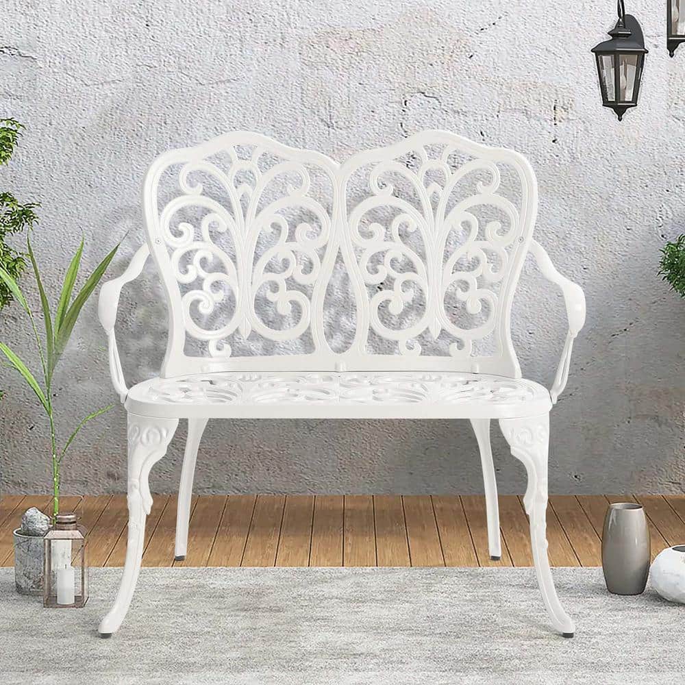 34.6 in. 2-Person White Cast Aluminum Outdoor Bench Patio Park Garden Bench