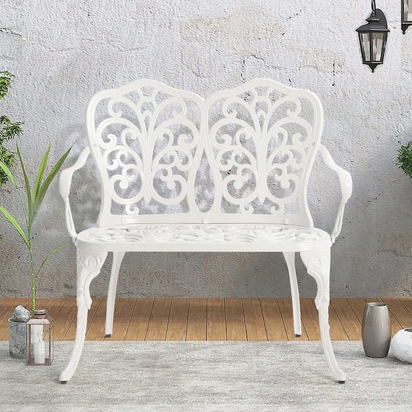 Unbranded 34.6 in. 2-Person White Cast Aluminum Outdoor Bench Patio Park Garden Bench for Lawn Path Yard Deck