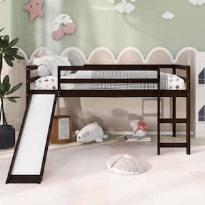 Wood Twin Loft Bed with Slide, Low Loft Bed Frame with Guard Rail and Ladder, No Box Spring Needed, Espresso