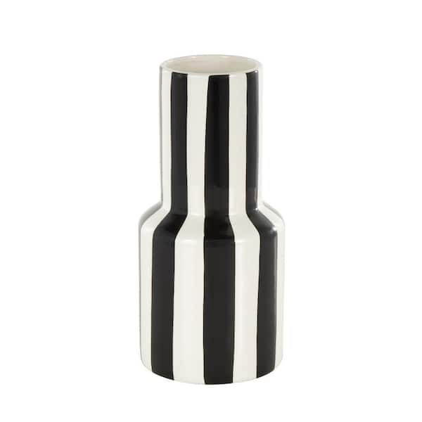 Litton Lane 11 in. White Round Ceramic Decorative Vase with Black Vertical Stripes