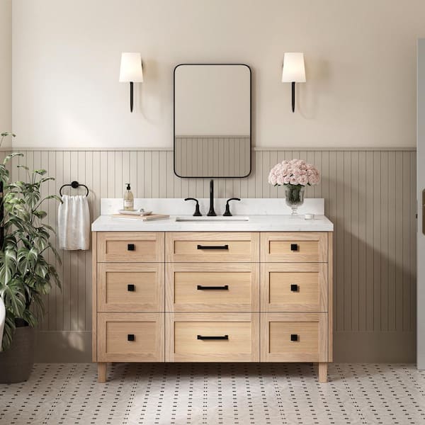 ARIEL Monroe 54 in. W x 22 in. D x 36 in. H Single Rectangle Sink Bath Vanity in Oak with Carrara White Quartz Top