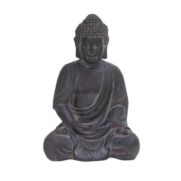 Gray Ceramic Meditating Buddha Sculpture with Engraved Carvings and Relief Detailing