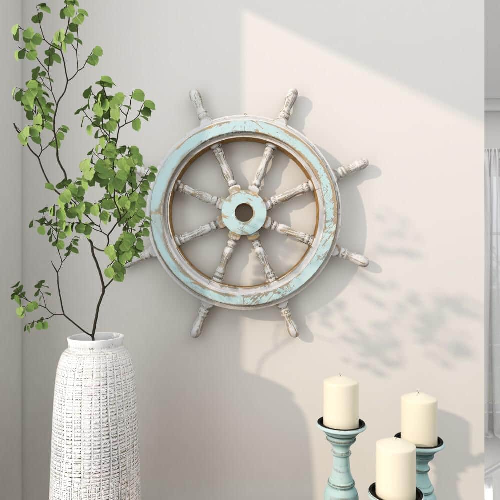 24" Blue and White Distressed Wood Ship Wheel Wall Decor