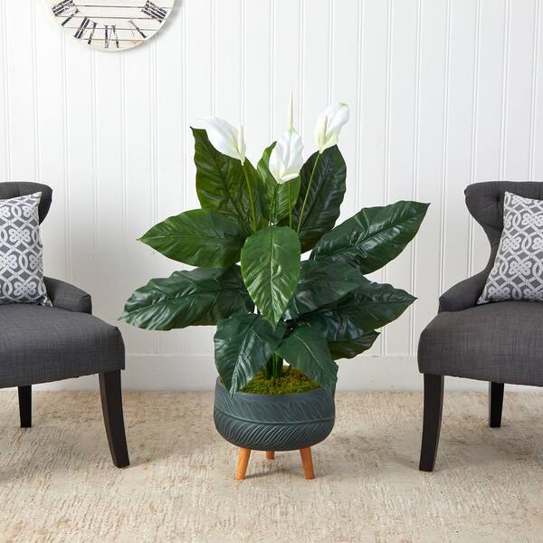Nearly Natural 4 ft. Artificial Spathiphyllum Plant in Black Planter with Stand