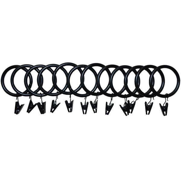 The Artifactory 1 in. Drapery Rings with Clips for 1 in. or 1 3/8 in. Poles in Matte Black (12-Pack)