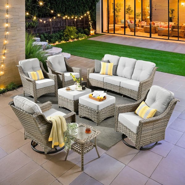 XIZZI Blanche 8-Piece Wicker Patio Conversation Seating Sofa Set with Light Gray Cushions and Swivel Rocking Chairs