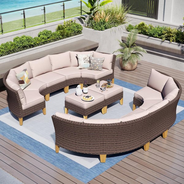 PHI VILLA Brown Rattan Wicker 12 Seat 12-Piece Steel Outdoor Patio Conversation Set with Beige Cushions