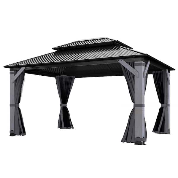 COVERONICS 12 ft. x 16 ft. Outdoor Patio Cedar Wood Frame Double Galvanized Steel Roof Hardtop Gazebo with Curtains, Ceiling Hook