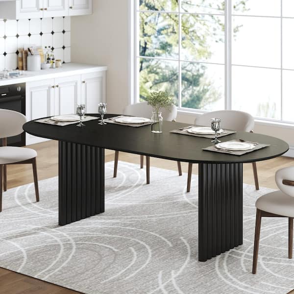 Oval Black Solid Wood 79 in. Kitchen Tables Double Pedestal Dining Table Seats 8