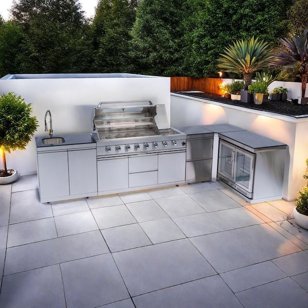 62-Inch 6-Burner 96000 BTU Stainless Steel Outdoor Grill Island with Wine Cooler, Rotisserie, Storage cabinet, Silver