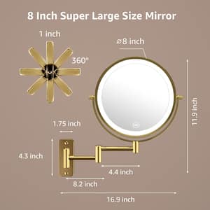 8 in. W x 8 in. H Round LED Metal wall Miror 10x Magnification Makeup Mirror Bathroom Makeup Mirror in Gold