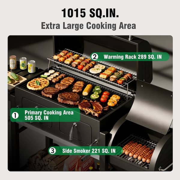 PHI VILLA Charcoal Grill and Smoker Combo Grill in Black with Dual