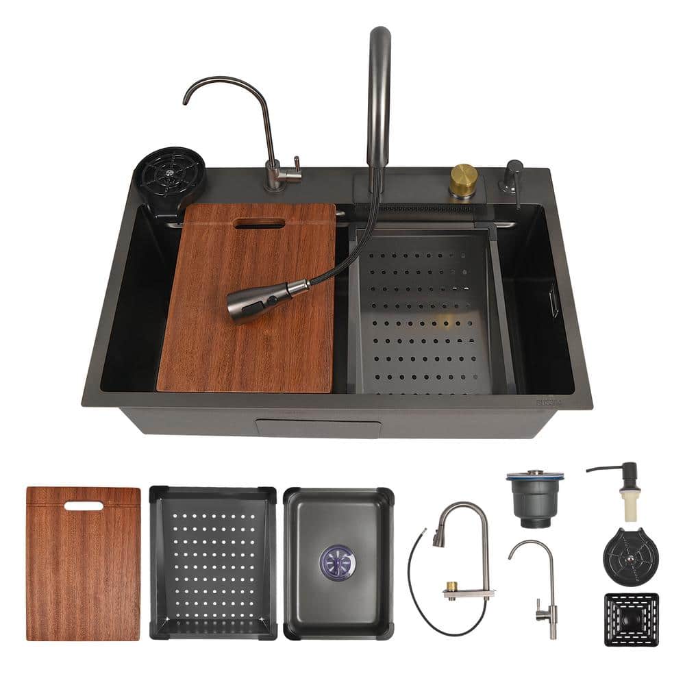 30" Black Stainless Steel Drop-In Single Bowl Kitchen Sink Workstation
