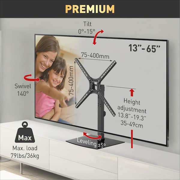 Barkan 29" to 58" Swivel & Tilt - 3 Movement Flat / Curved TV Tabletop Stand, Black, Patented, Vertical Adjustment