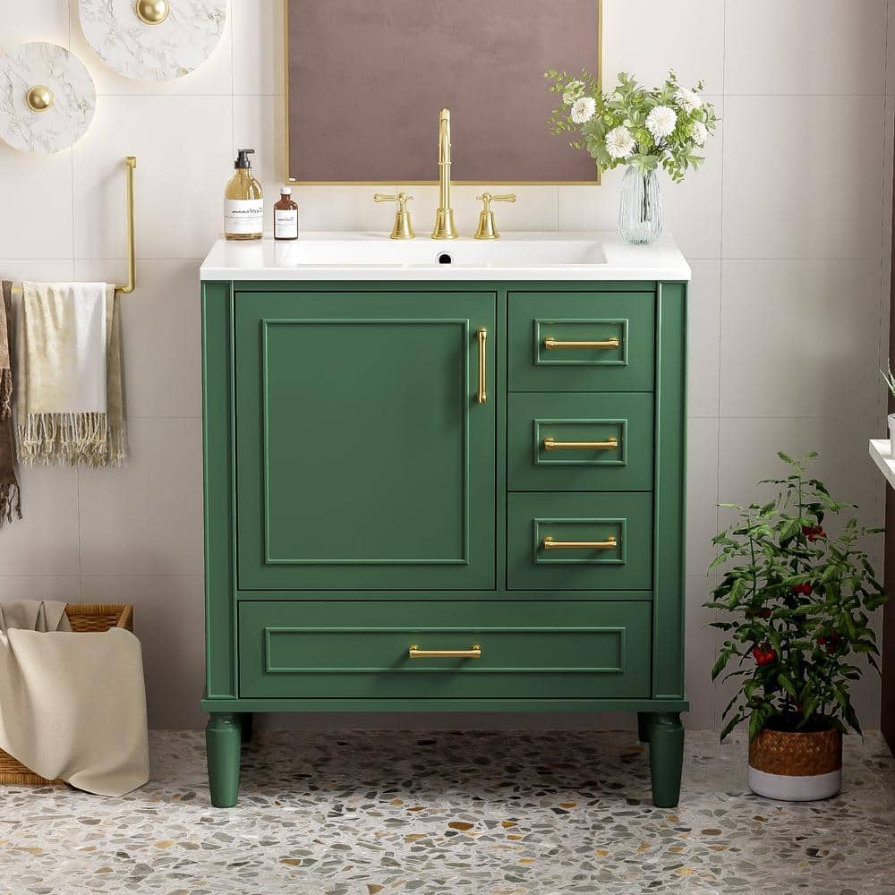 ●ONE BRILLIANT● EsmeOB439Green Tint Esme-OB439-Green Tint FAMYYT 30 in. Single Sink Freestanding Solid Wood Feet Green
