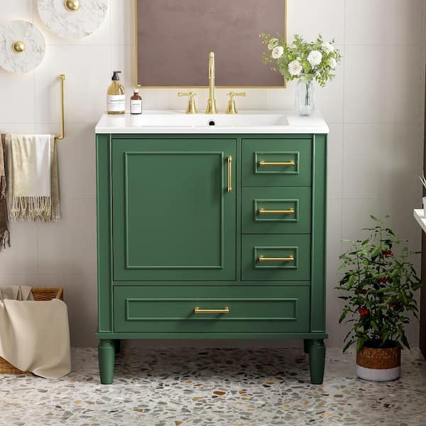 30 in. Single Sink Freestanding Solid Wood Feet Green Bath Vanity with White Ceramic Top, Gold Metal Handles