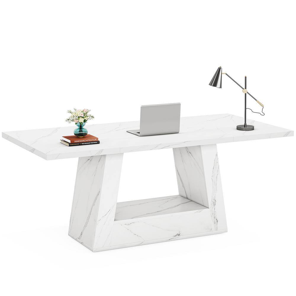 Lanita 63 in. Rectangular White Engineered Wood Executive Desk with Wood Pedestal Base, Wooden Faux Marble Computer Desk