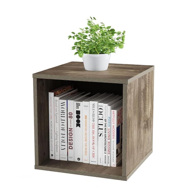 15.75 in. Square Wood Modular Side Table with Storage, Minimalist Modern Nightstand or End Table, Gray Woodgrain