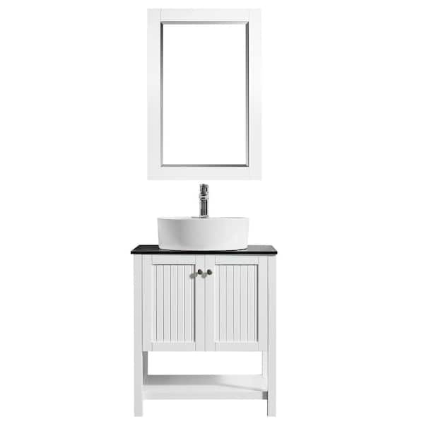 ROSWELL Modena 28 in. Bath Vanity in White with Tempered Glass Vanity Top in Black with White Vessel Sink and Mirror