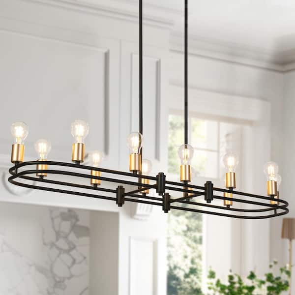 48in. 12-Light Large Dining Room Chandelier, Industrial Contemporary Black and Brass Linear Kitchen Island Pendant light