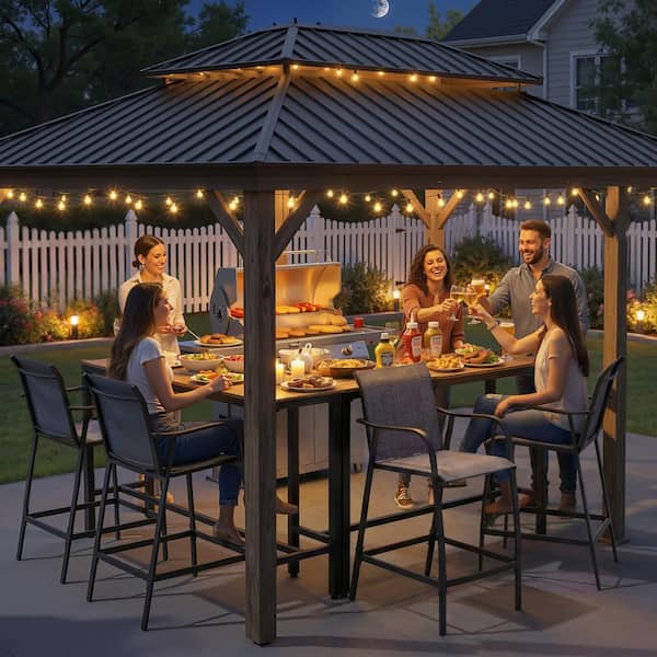 Patio Bar Height Metal Outdoor Bar Stool Chairs in Espresso with Arms and Footrest (8-Pack)