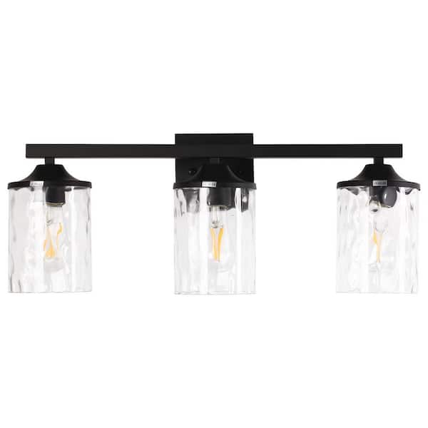 24 in. 3-Light Matte Black Modern Vanity Light with Clear Glass Shade, Dimmable Damp Rated for Bathroom or Mirror