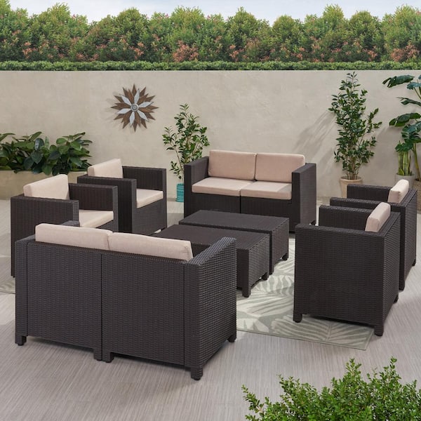 Noble House Waverly Dark Brown 8-Piece Faux Wicker Patio Conversation Set with Beige Cushions