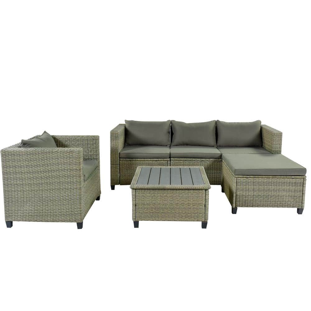 5-Piece Wicker Outdoor Dining Set with Ottoman and Gray Cushions