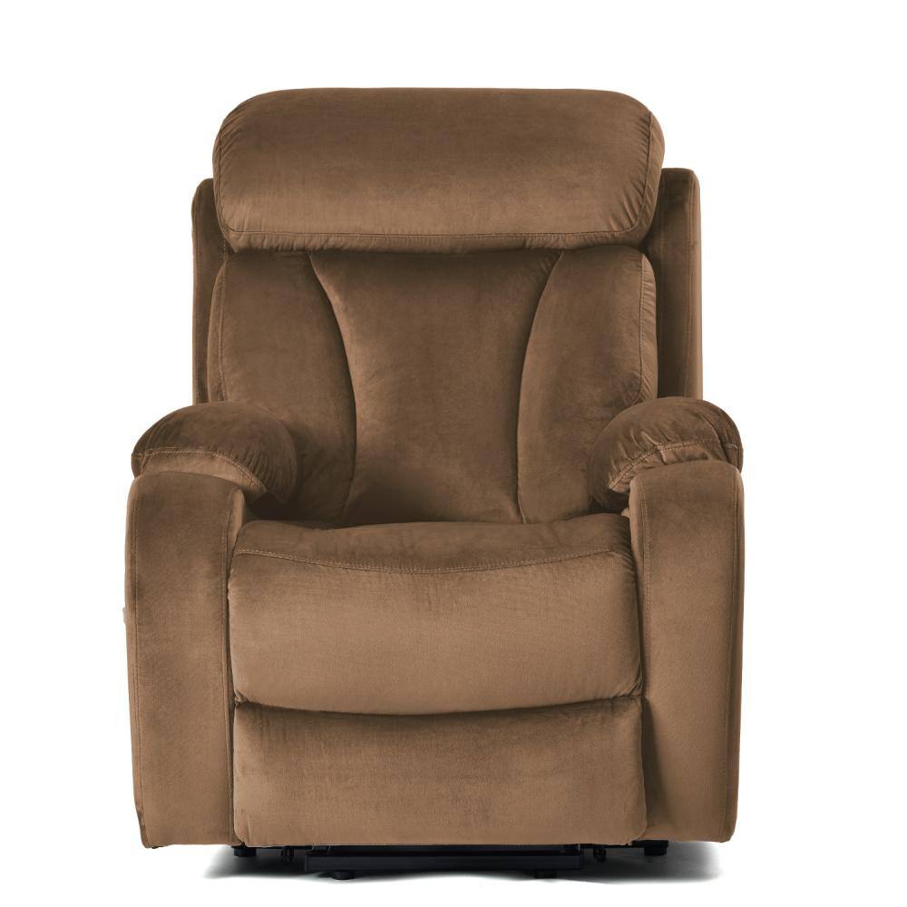 Brown power lift recliner chair from a three-quarter view.