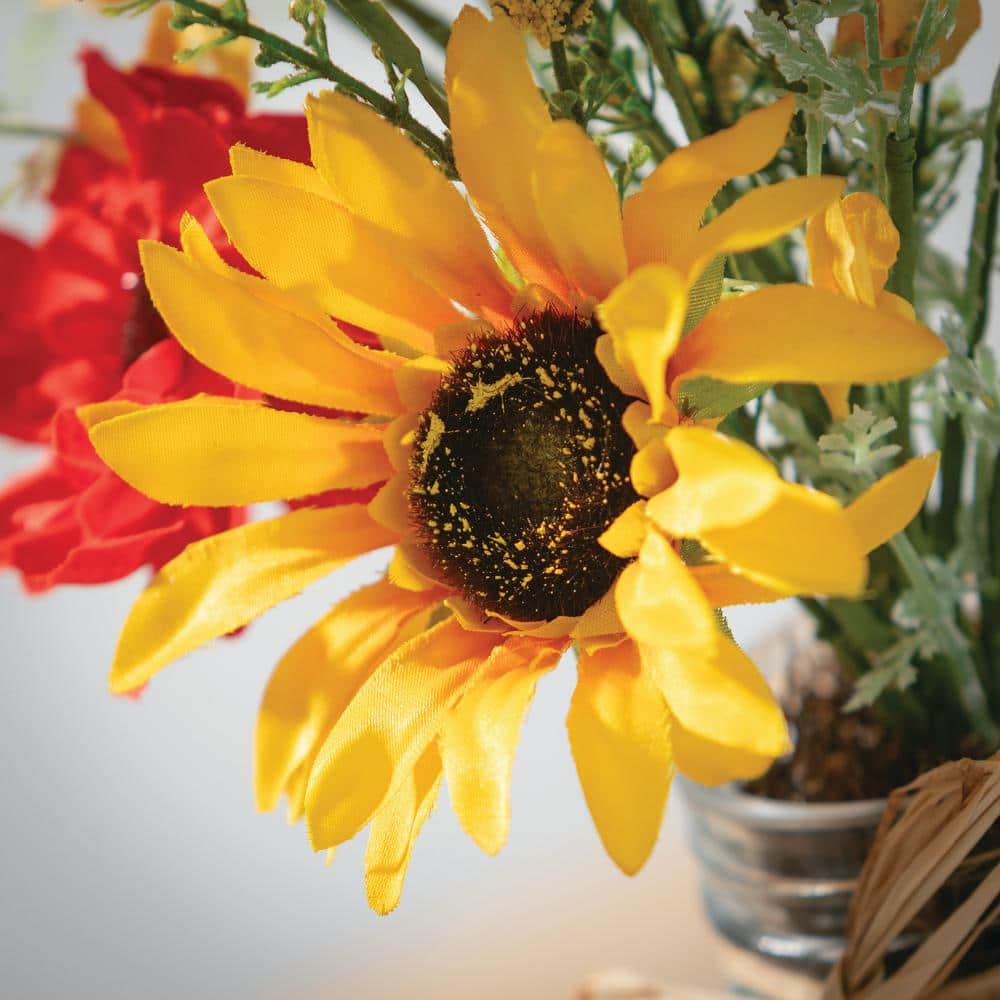 Vibrant Yellow and Red Silk Wildflower Arrangement in Glass Jar