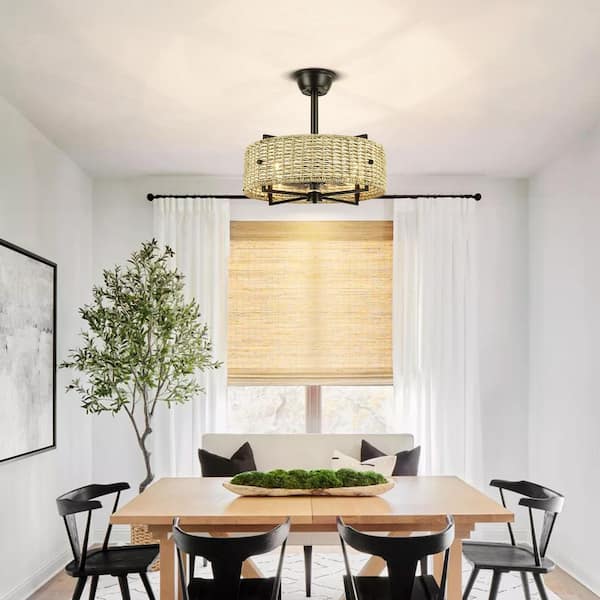 Ethan 4-Light 19.3 in. Farmhouse Boho Beige Brown Indoor Drum Woven Rattan and Bamboo Ceiling Fan with Remote Control