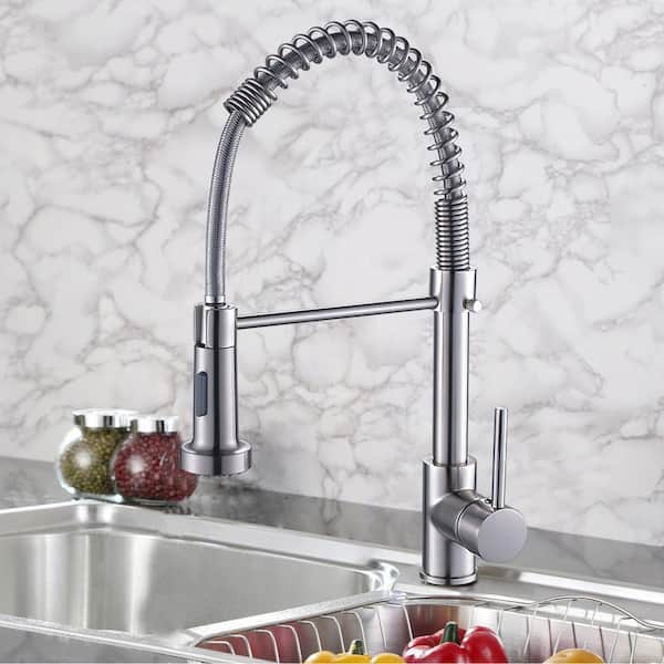 Single-Handle Spring Spout Pull Out Sprayer Kitchen Faucet with Deck Mount in Chrome