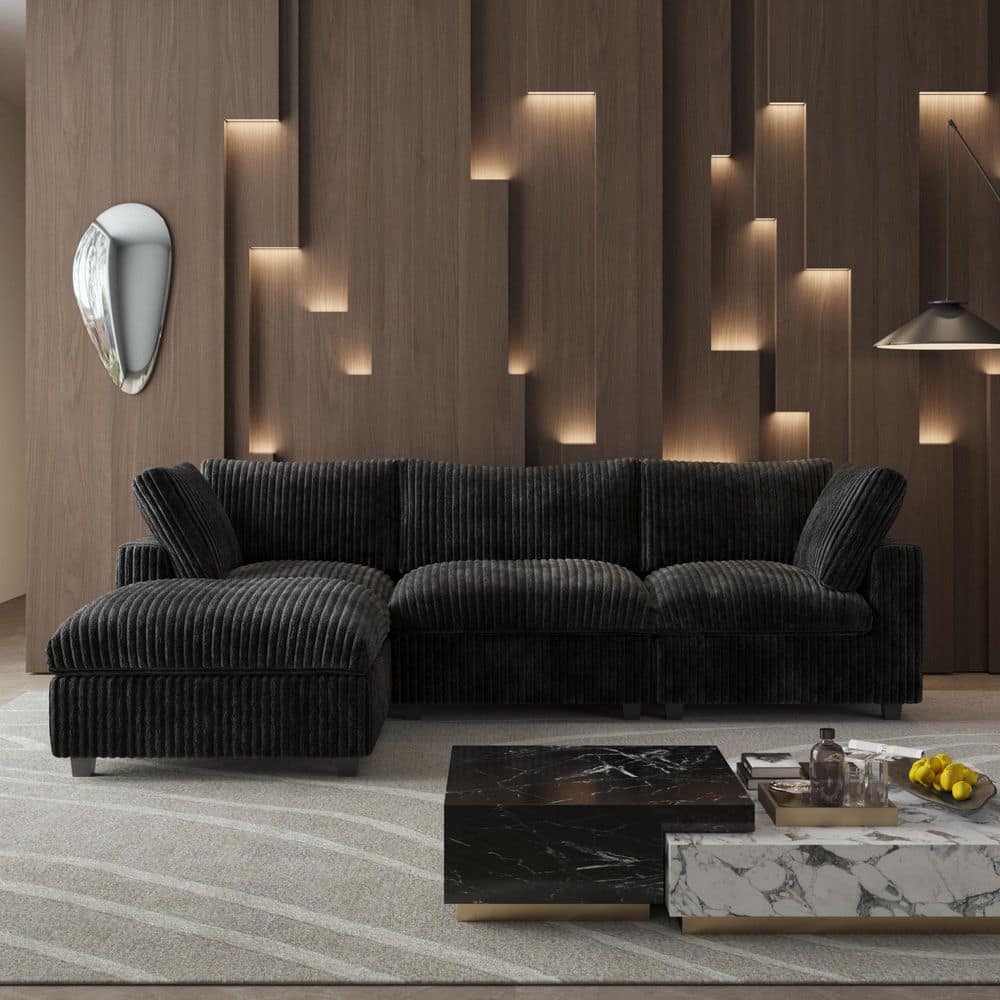 118.11 in. Rabbit Plush Fabric Square Arm 4-Piece L Shaped Modular Sectional Sofa in Black with Ottoman price history on PriceWatchPro
