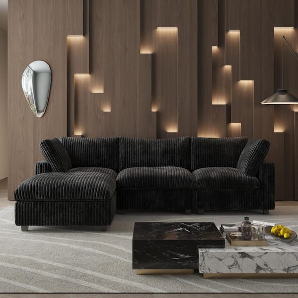 J&E Home 118.11 in. Rabbit Plush Fabric Square Arm 4-Piece L Shaped Modular Sectional Sofa in Black with Ottoman