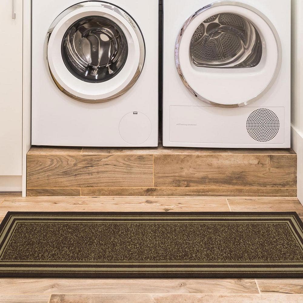 Brown and Beige Bordered Runner Rug with Non-Slip Backing