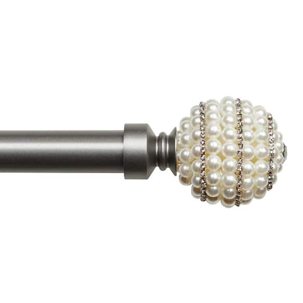 EXCLUSIVE HOME Diana 66 in.-120 in. Adjustable Length Single Curtain Rod Kit in Gunmetal with Faux Pearl and Rhinestone Finial
