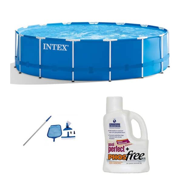 Intex 15 ft. Round x 48 in. D Metal Frame Rectangle Pool Set and Cleaning Kit Plus Natural Chemistry Perfect Plus PHOSfree