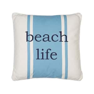St Bart Blue, White Embroidered "Beach Life" Stripe Coastal 20 in. x 20 in. Throw Pillow