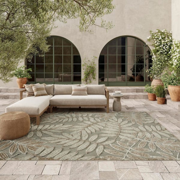 Aloha Natural 8 ft. x 11 ft. Floral Modern Indoor/Outdoor Patio Area Rug