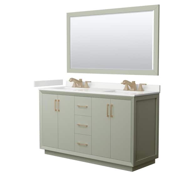 Wyndham Collection Strada 60 in. W x 22 in. D x 35 in. H Double Bath Vanity in Light Green with White Quartz Top and 58 in. Mirror