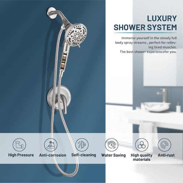 Rain 7-Spray Handheld Shower System Shower Faucet Kit w/ Valve 1.8GPM Adjustable Filtered Shower Head in Brushed Nickel