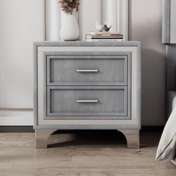 Harper & Bright Designs Mid-Century Gray 2-Drawer Velvet Nightstand with Metal Legs(21.8 in. W x 15.9 in. D x 21.7 in. H)
