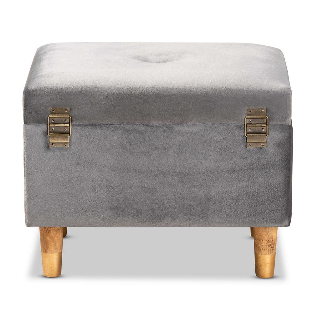 Elias Grey Velvet Upholstered Storage Ottoman with Oak Legs