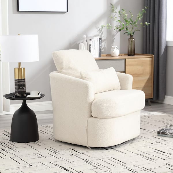 White Teddy Fabric Round Barrel Swivel Chair Set of 1 with 360° Swivel, Ergonomic Spring & Dual Pillow Support