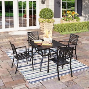 Black 5-Piece Metal Outdoor Patio Dining Set with Slat Square Table and Elegant Stackable Chairs