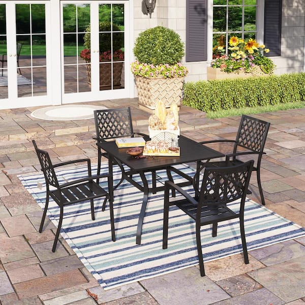 Black 5-Piece Metal Outdoor Patio Dining Set with Slat Square Table and Elegant Stackable Chairs