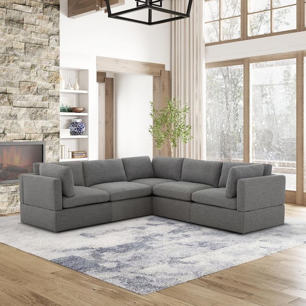 Thorton 105 in. Modular Track Arm Performance Fabric 5-Piece Sectional Sofa in Grey